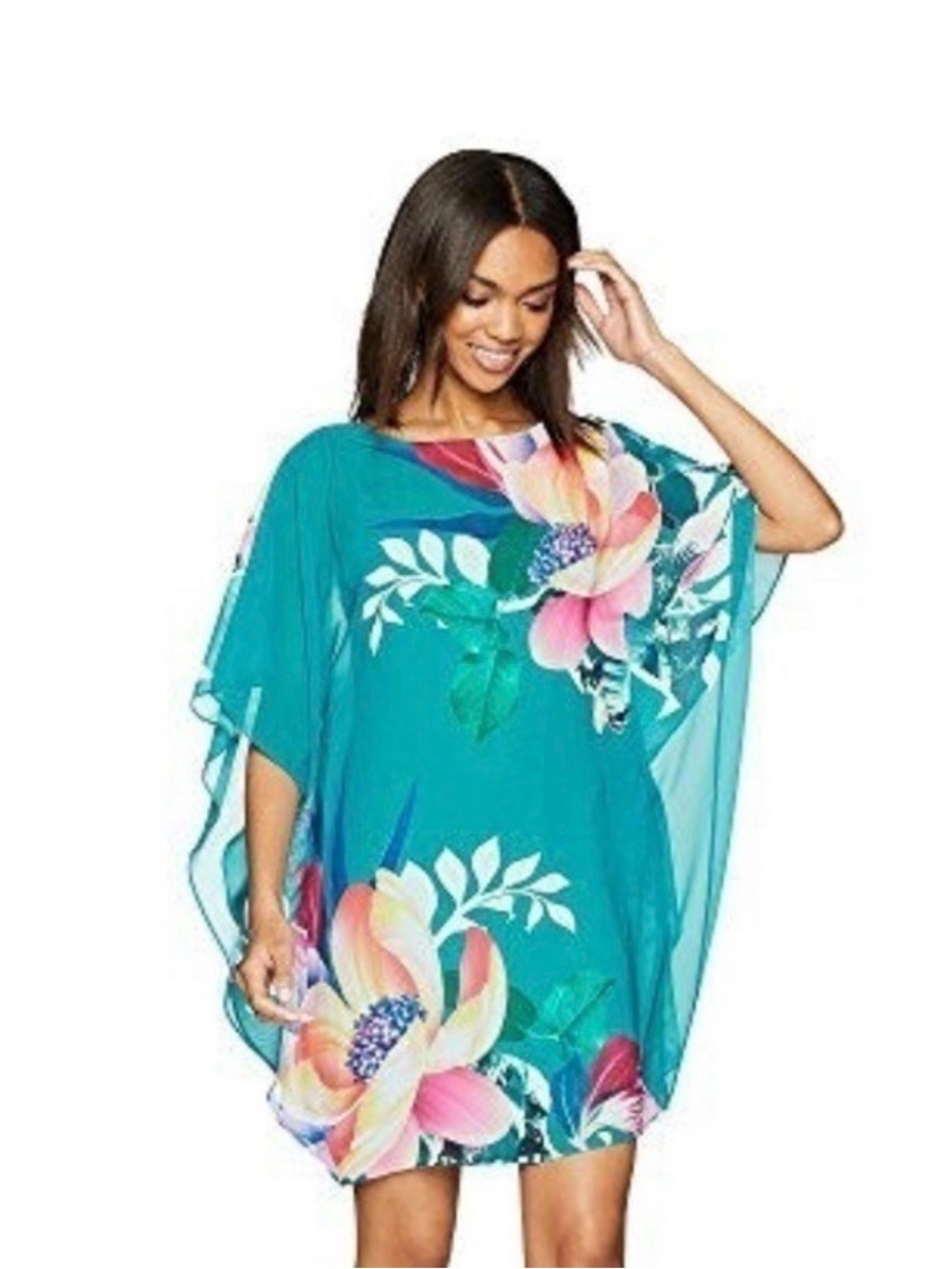 Trina Turk Teal Floral Sheer Tunic with Pink & Yellow Blooms